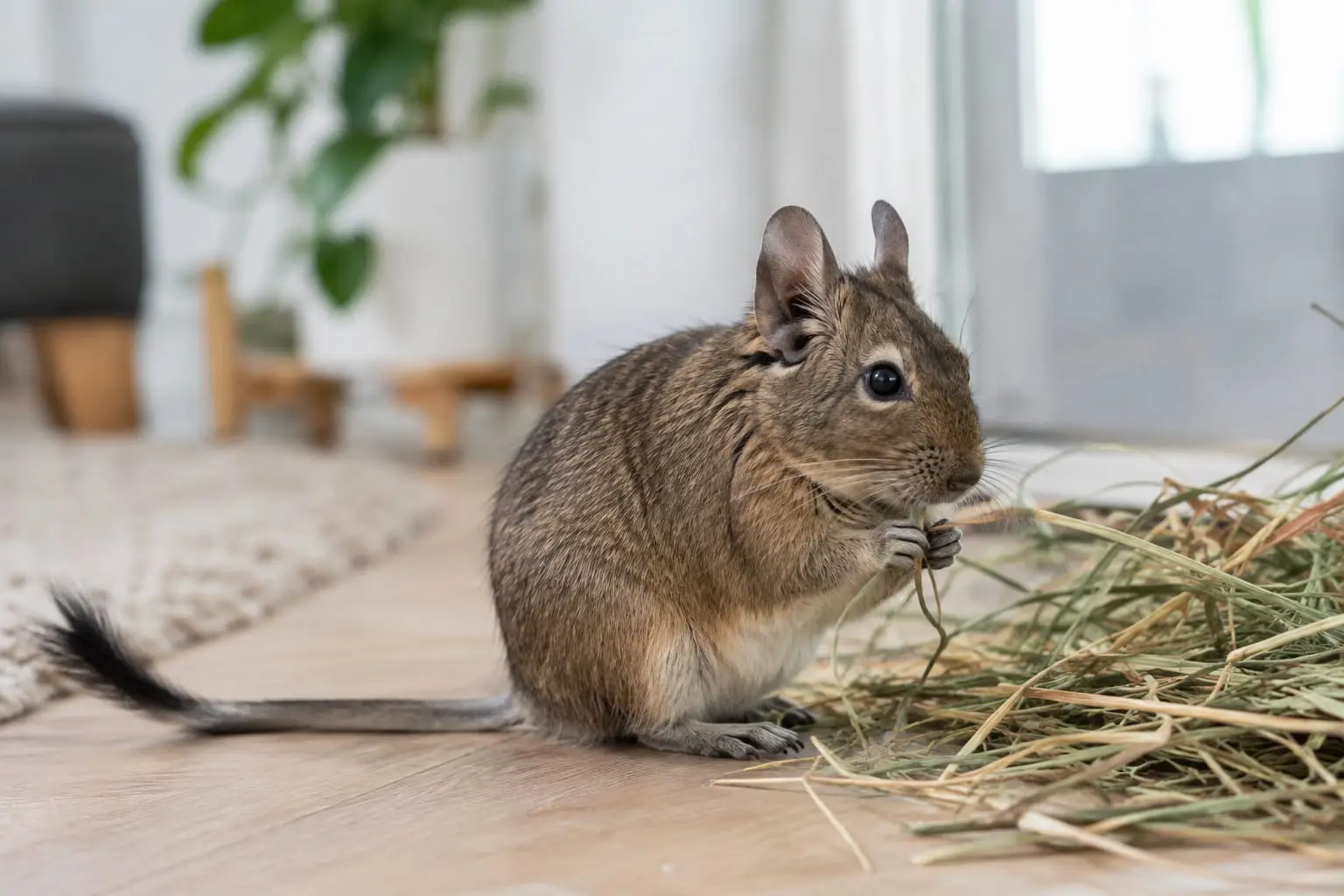 Un octodon au pelage agouti gris-brun et au ventre crème, posé près de son foin dans un intérieur lumineux.