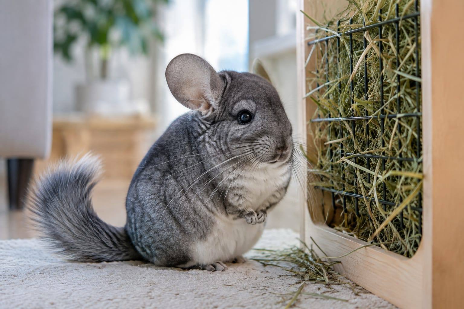 Un chinchilla standard gris au ventre blanc, aux grandes oreilles rondes et à la queue touffue, près d'une réserve de foin.