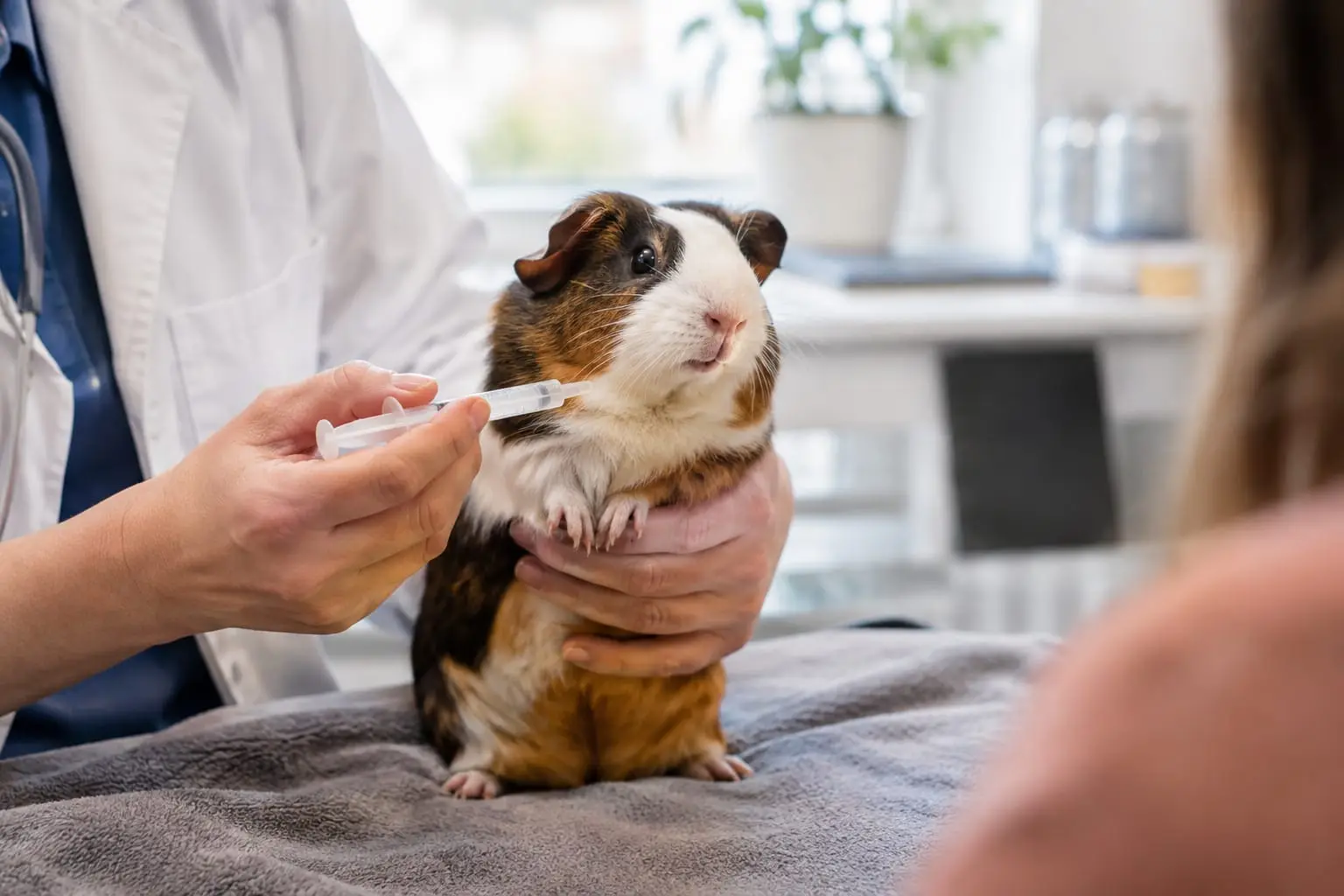 Un vétérinaire montre à un propriétaire comment donner un médicament liquide à un cochon d’Inde avec une seringue orale.