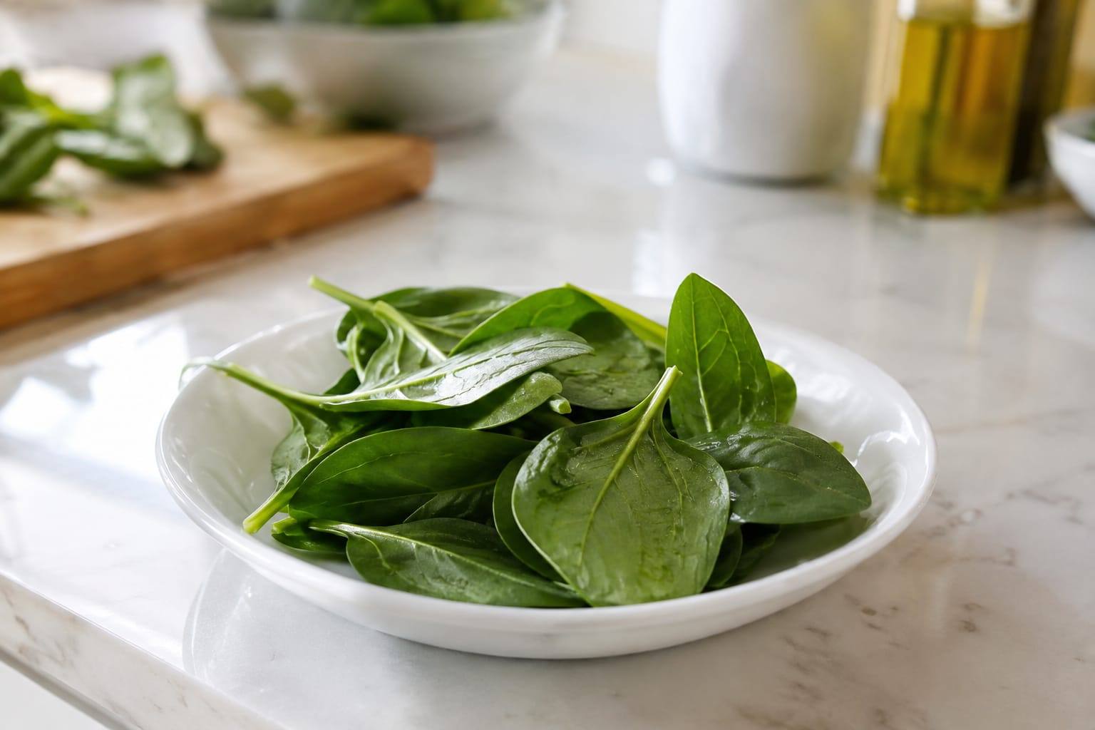 Feuilles d’épinard fraîches, rincées et disposées sur une petite assiette blanche dans une cuisine lumineuse.