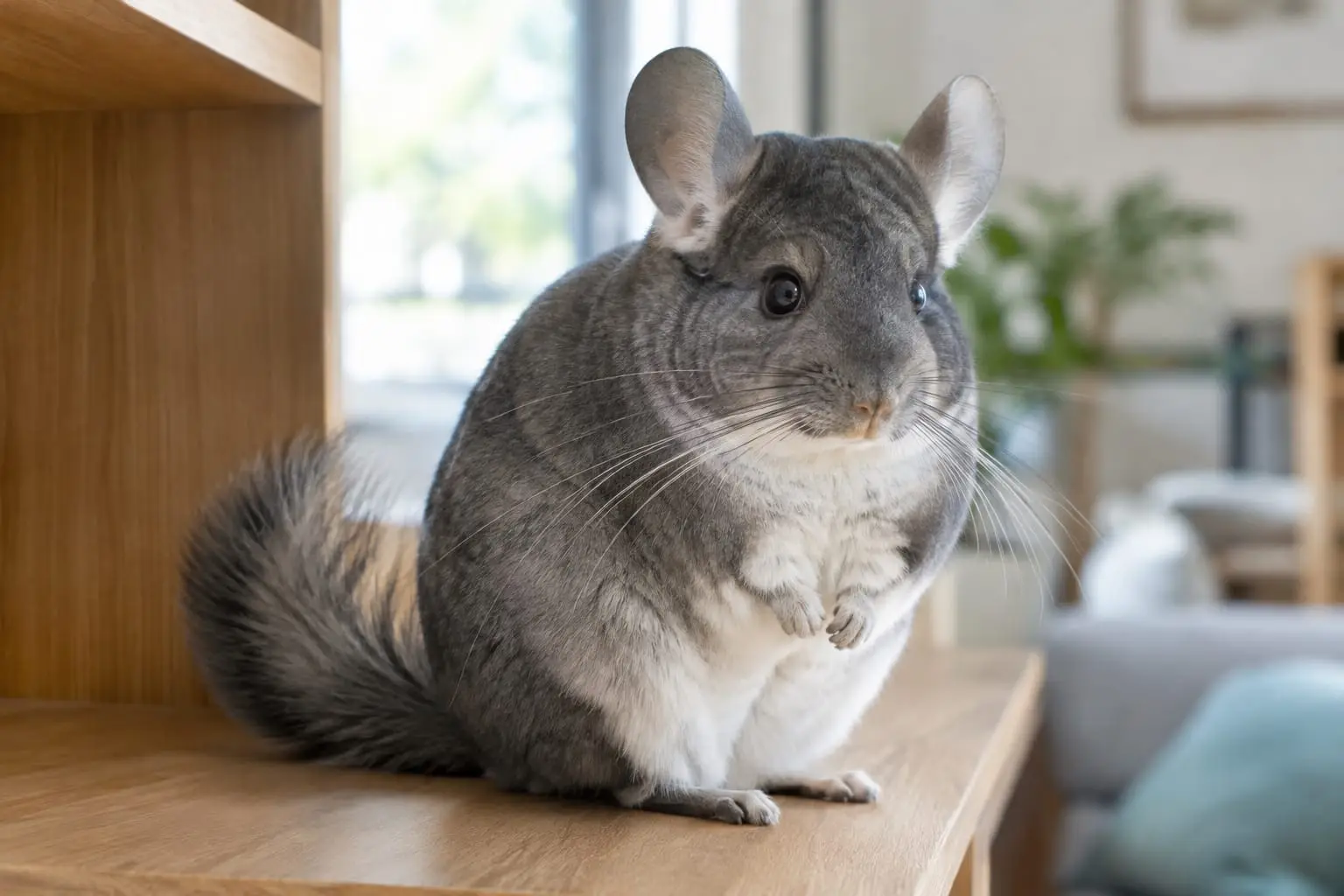Chinchilla gris standard au pelage dense et velouté, ventre blanc, grandes oreilles rondes et queue touffue dans son habitat.