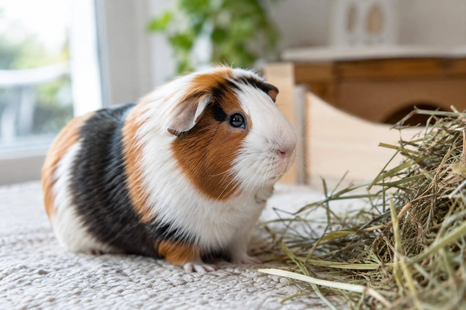 Cochon d’Inde tricolore au poil court, installé dans un enclos intérieur propre avec du foin à proximité.