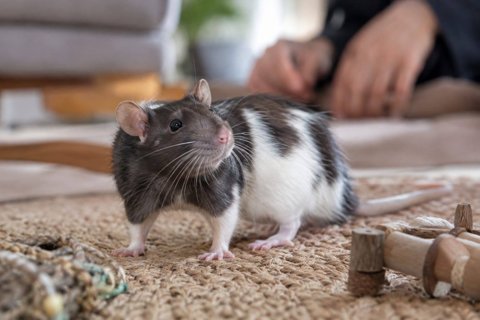 Un rat domestique noir et blanc au pelage lisse observe avec curiosité depuis une aire de jeu aménagée.