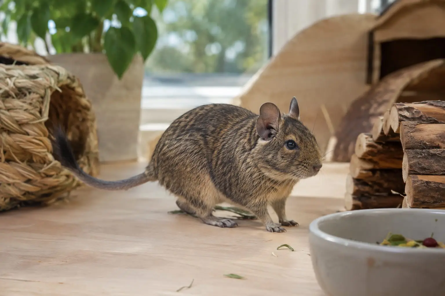 Un octodon au pelage agouti gris-brun et au ventre crème, avec ses oreilles rondes et sa queue terminée par un pinceau noir.