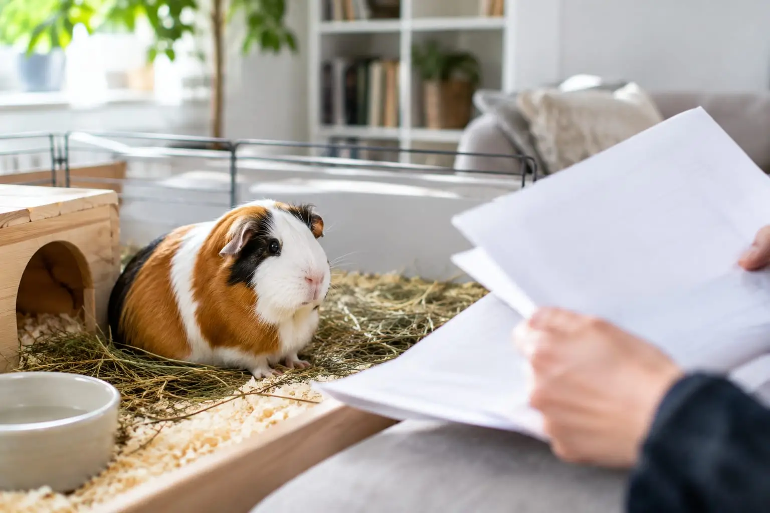Un cochon d’Inde calme dans son enclos, tandis qu’une personne consulte des documents de soins à proximité.