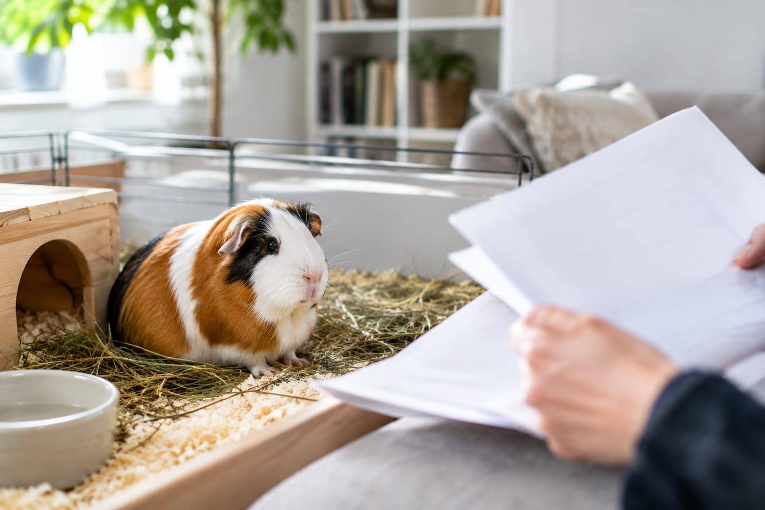 Un cochon d’Inde calme dans son enclos, tandis qu’une personne consulte des documents de soins à proximité.