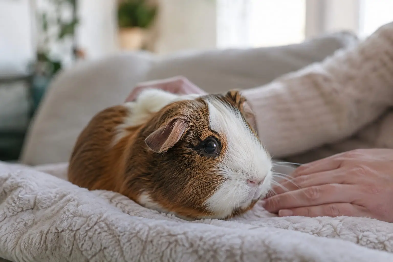 Un cochon d’Inde âgé repose calmement dans une couverture, tandis que son propriétaire pose une main près de lui.