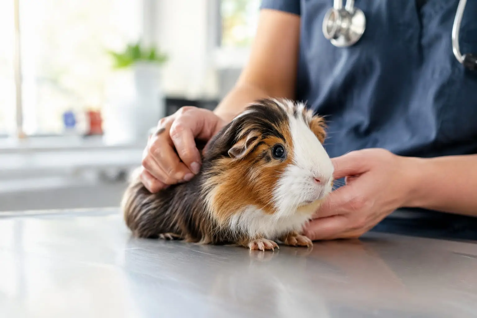 Un cochon d’Inde est examiné avec douceur par un vétérinaire dans une clinique NAC lumineuse.