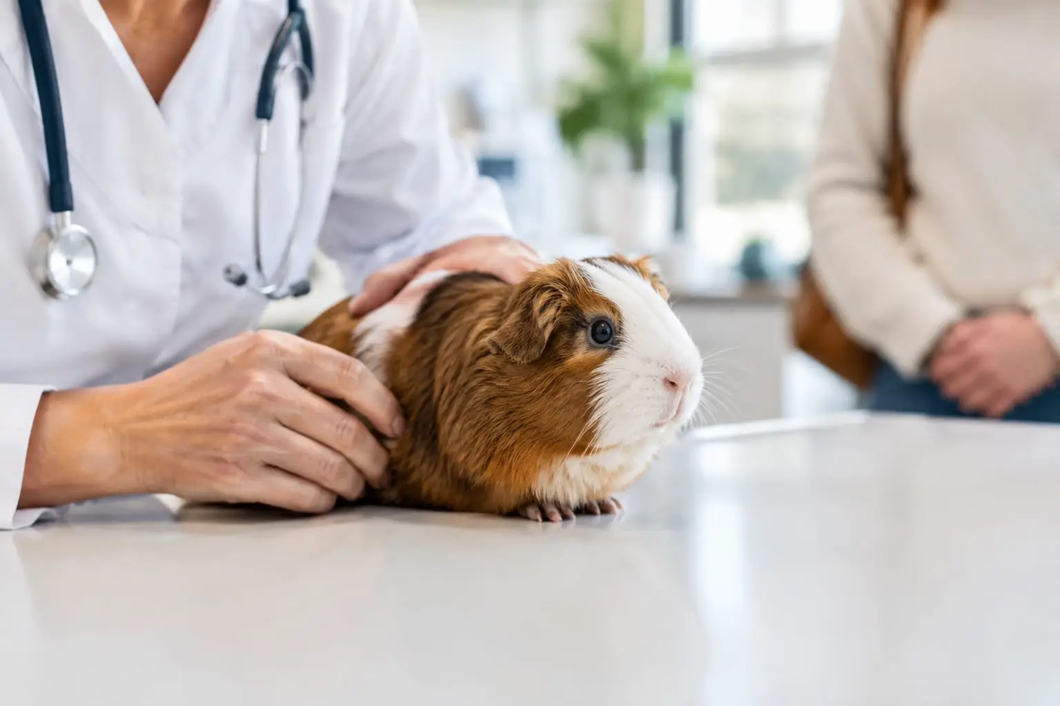 Un vétérinaire NAC examine doucement un cochon d'Inde sur une table de consultation, avec son propriétaire à proximité.