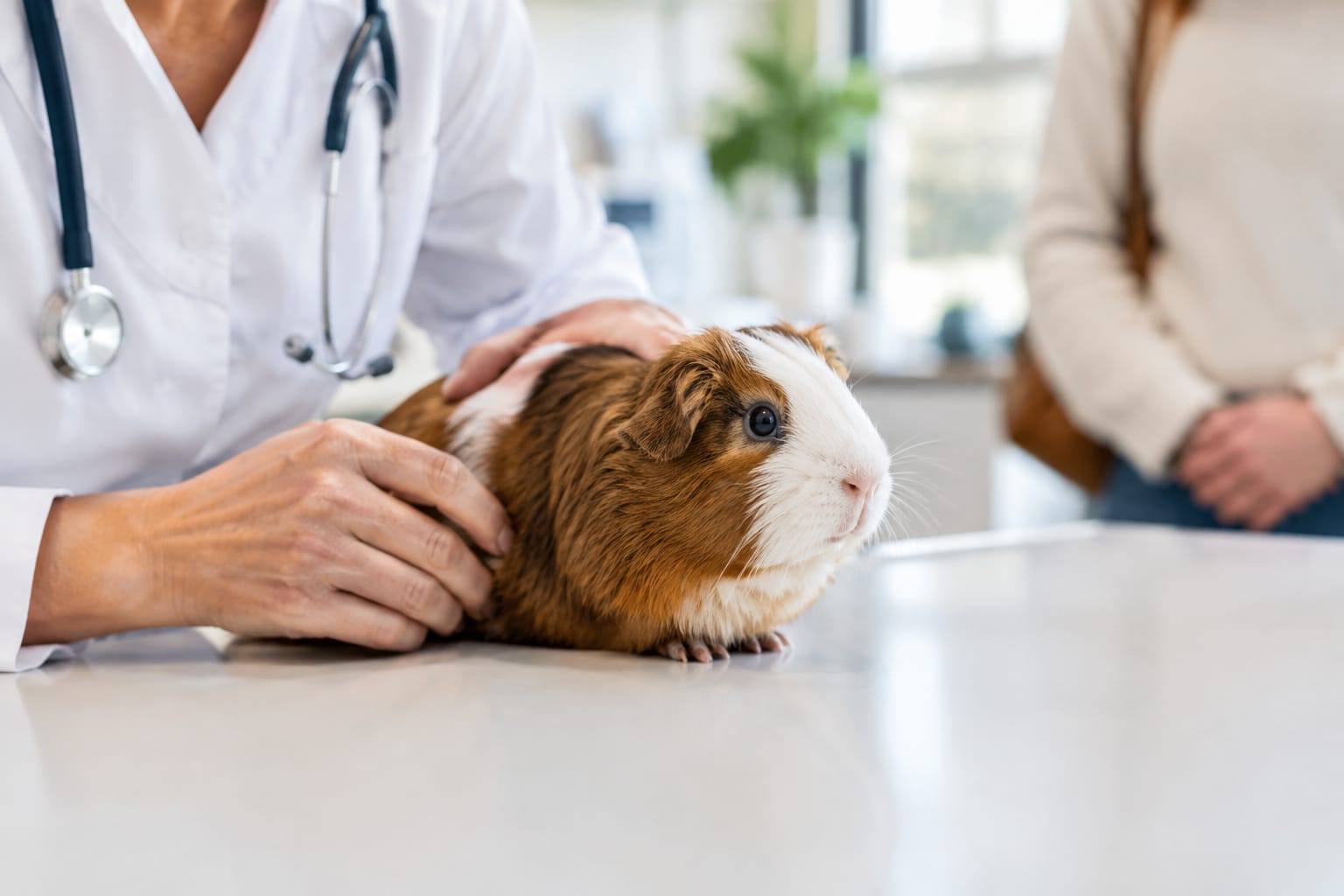 Un vétérinaire NAC examine doucement un cochon d'Inde sur une table de consultation, avec son propriétaire à proximité.