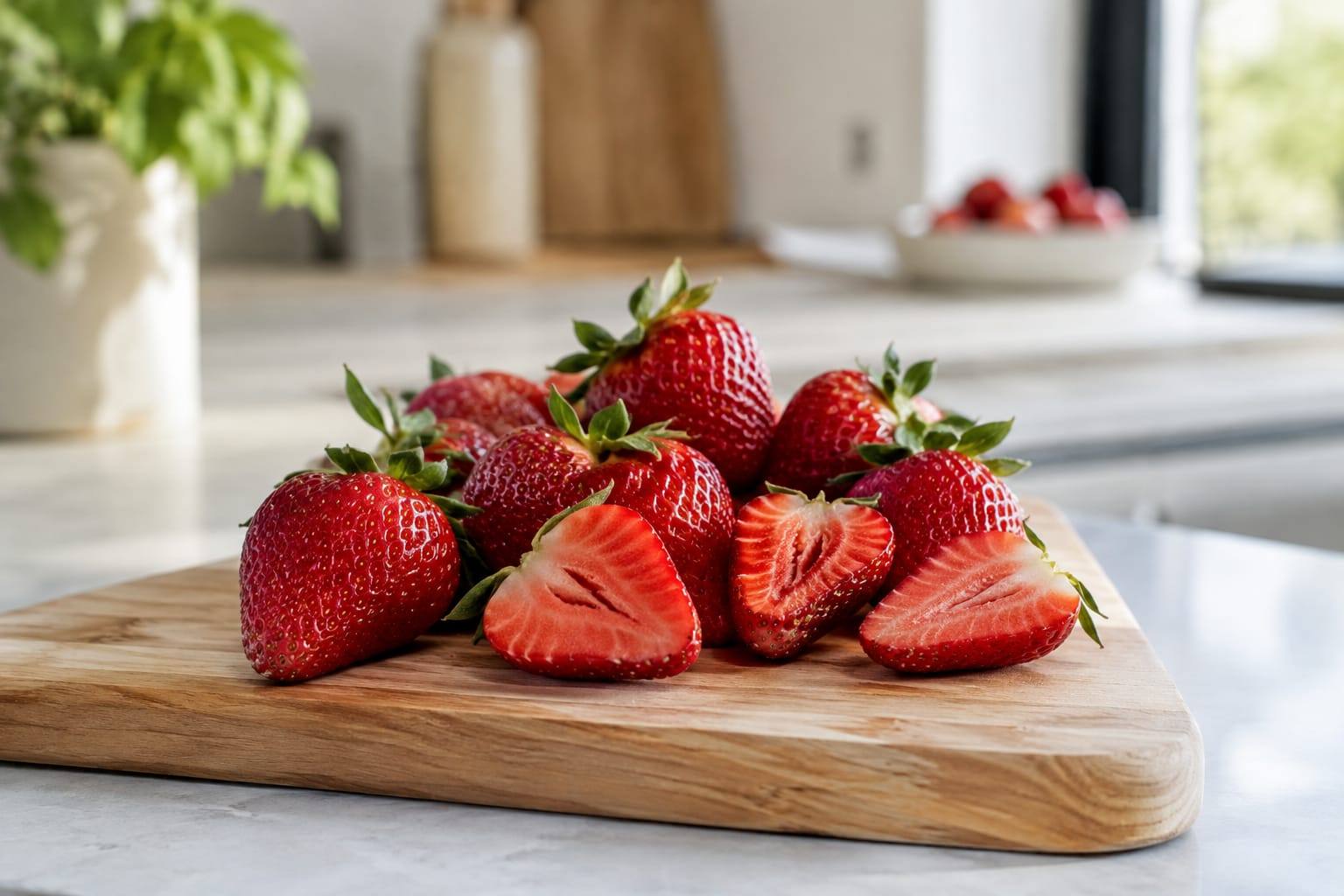 Fraises rouges fraîches, entières et coupées en morceaux, disposées sur une planche claire dans une cuisine.