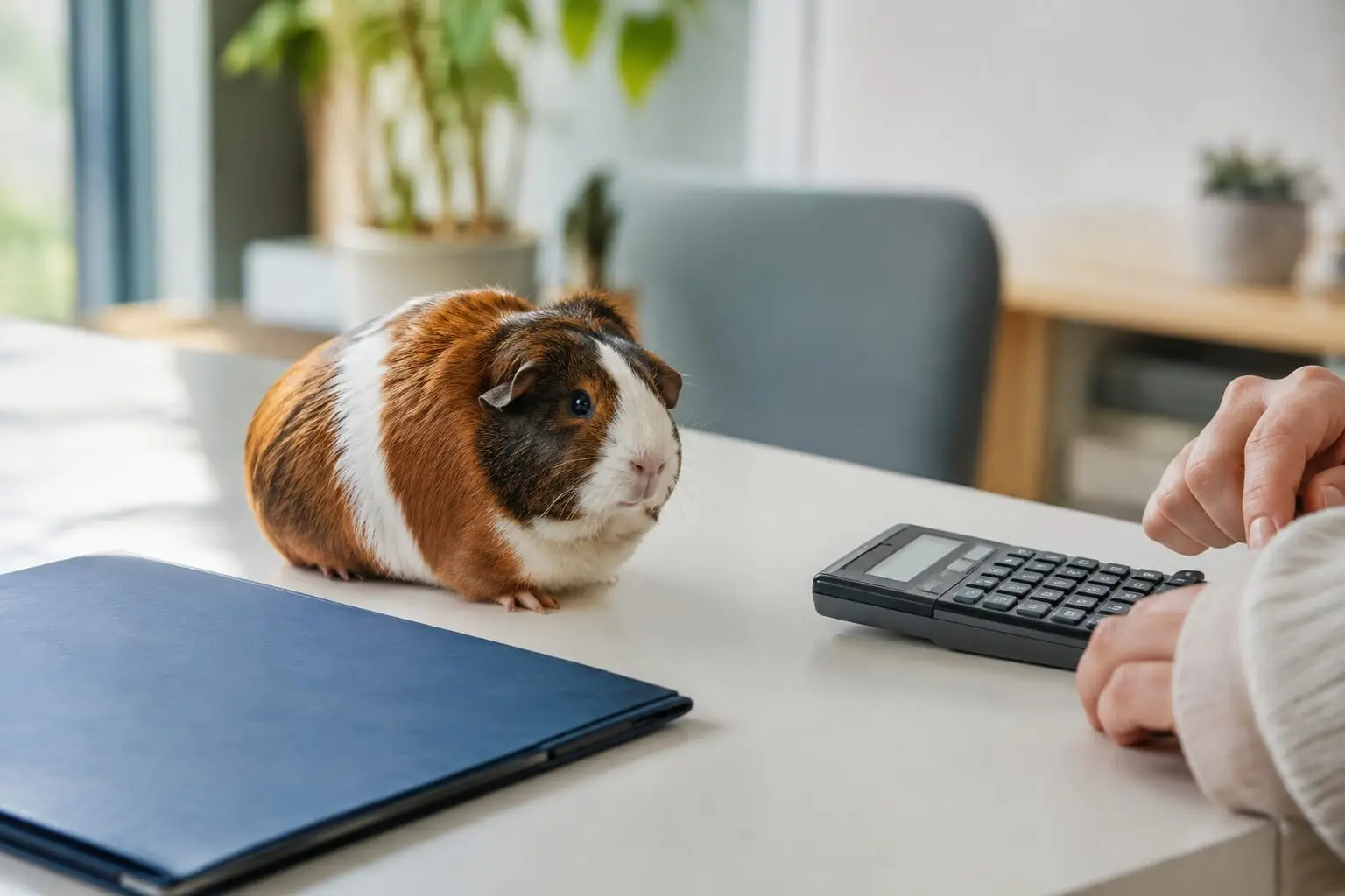 Un cochon d’Inde observe un dossier de soins et un calculateur posés sur une table claire, dans un intérieur lumineux.