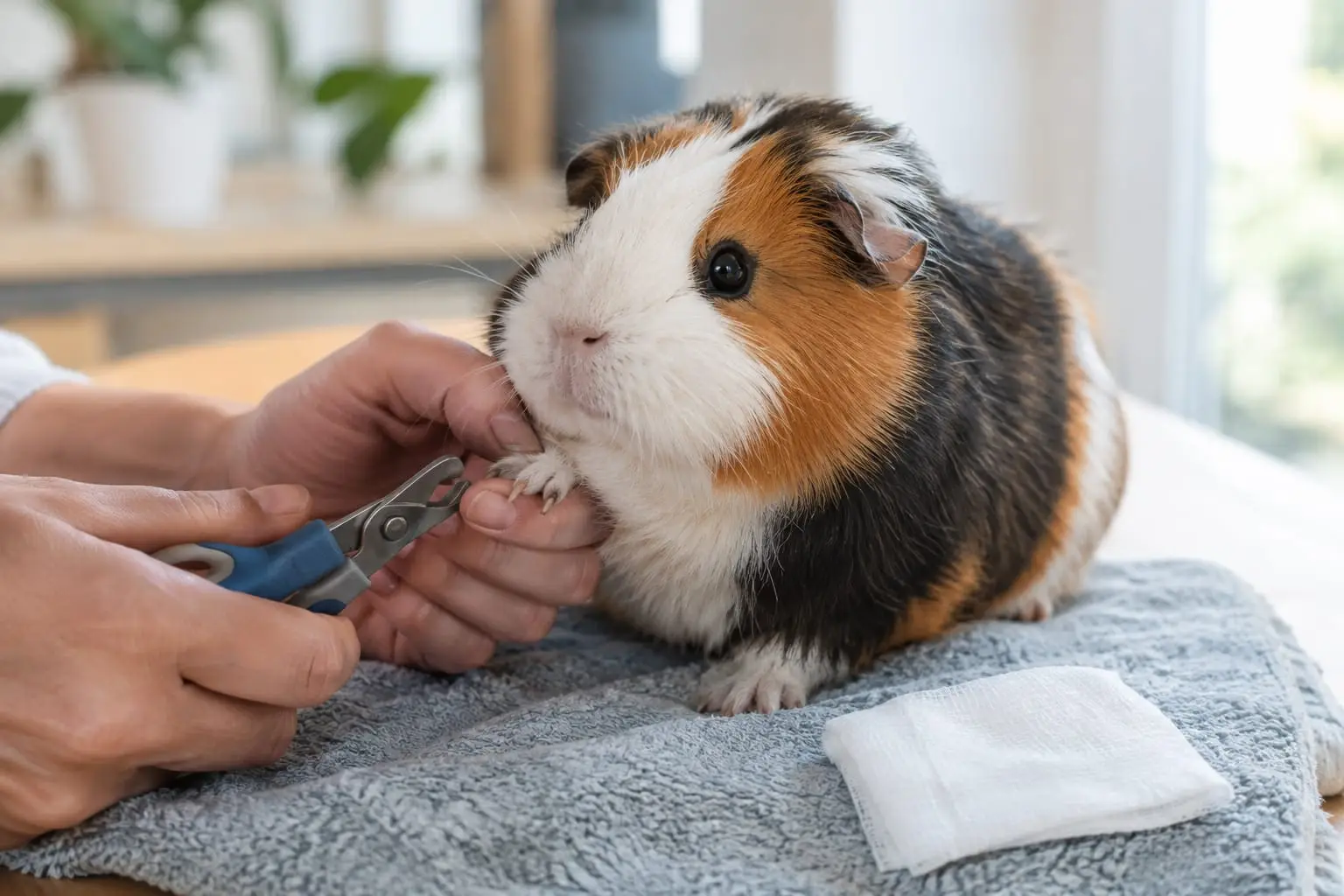 Un cochon d’Inde tricolore posé sur une serviette, tandis qu’une main soutient doucement sa patte avant.
