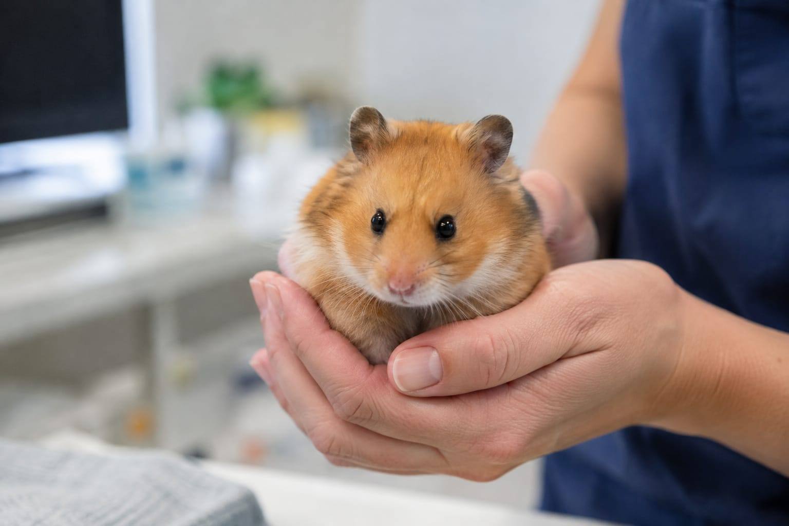 Un hamster syrien au corps rond et au pelage orange et crème est tenu doucement dans des mains jointes en clinique vétérinaire.