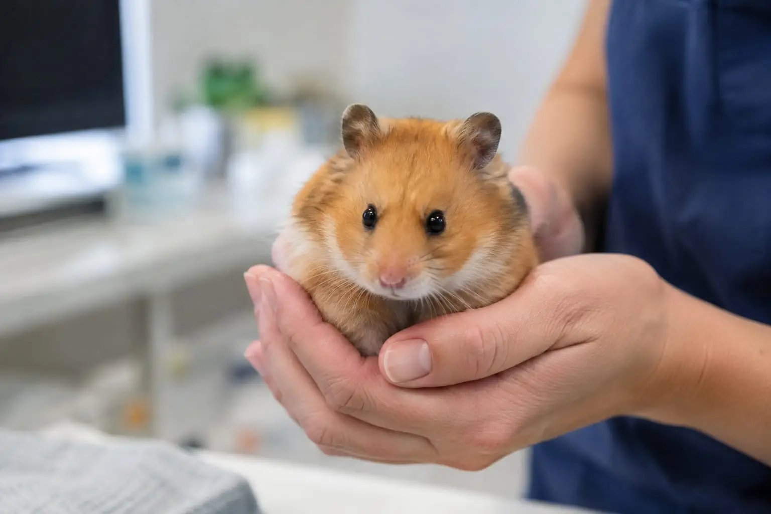 Un hamster syrien au corps rond et au pelage orange et crème est tenu doucement dans des mains jointes en clinique vétérinaire.
