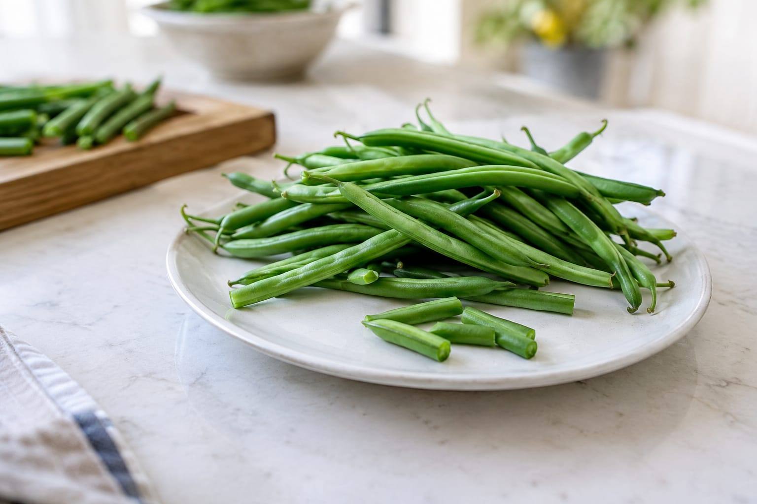 Haricots verts frais, lavés et coupés en petits tronçons sur une planche claire, prêts à être proposés en petite quantité.