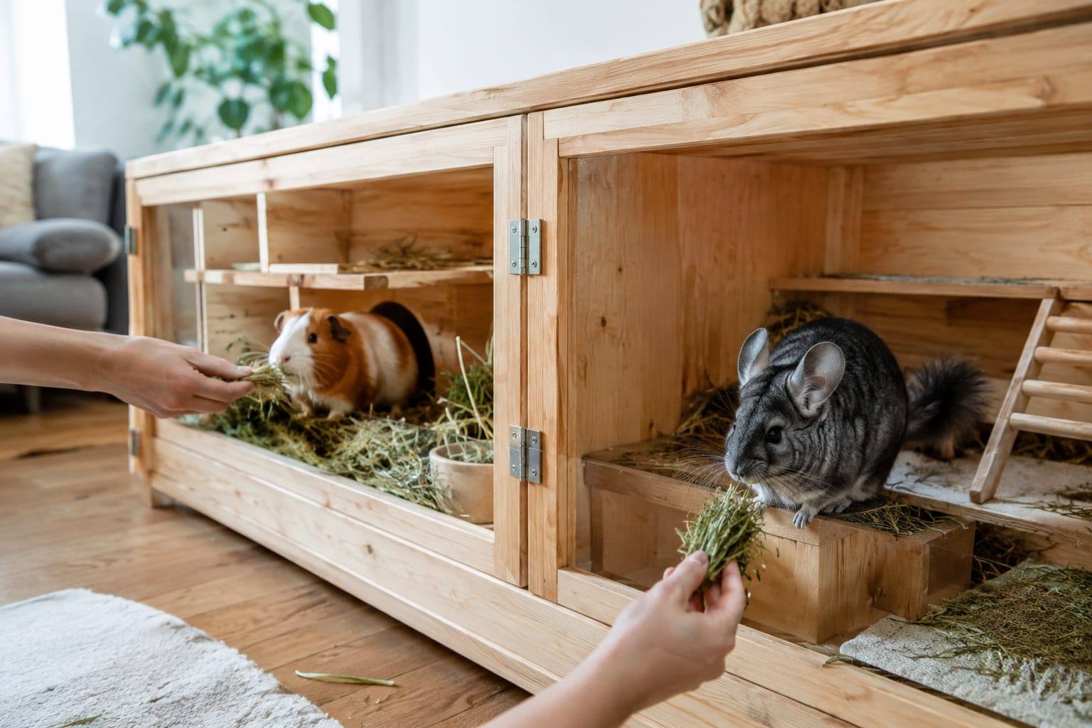 Dans un salon lumineux, un grand enclos en bois abrite un cochon d’Inde et un chinchilla séparés, des mains leur tendent du foin.