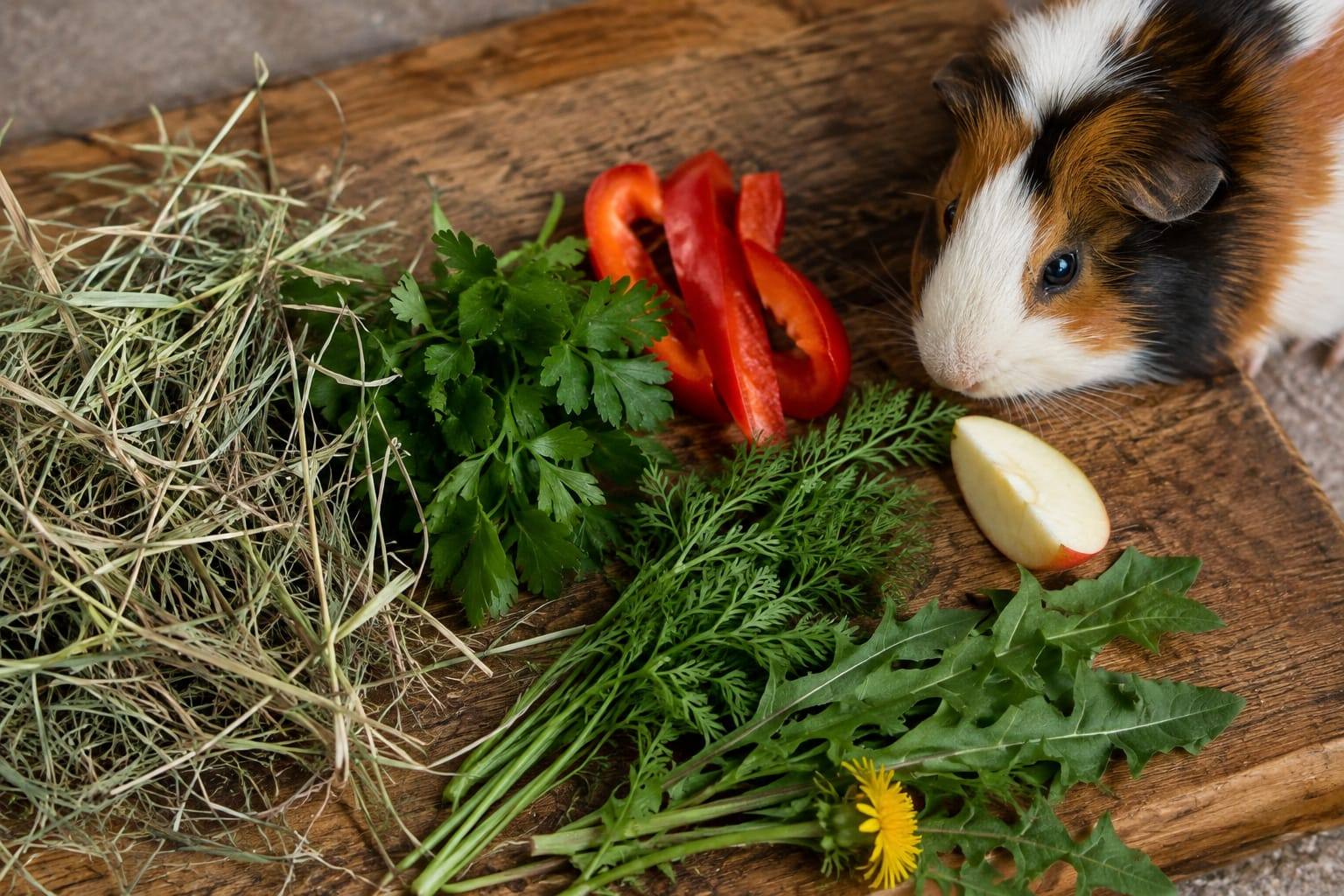 Foin, persil, poivron, fanes de carotte, feuilles de pissenlit et tranche de pomme sont disposés sur une planche rustique, reniflés par un cochon d’Inde.