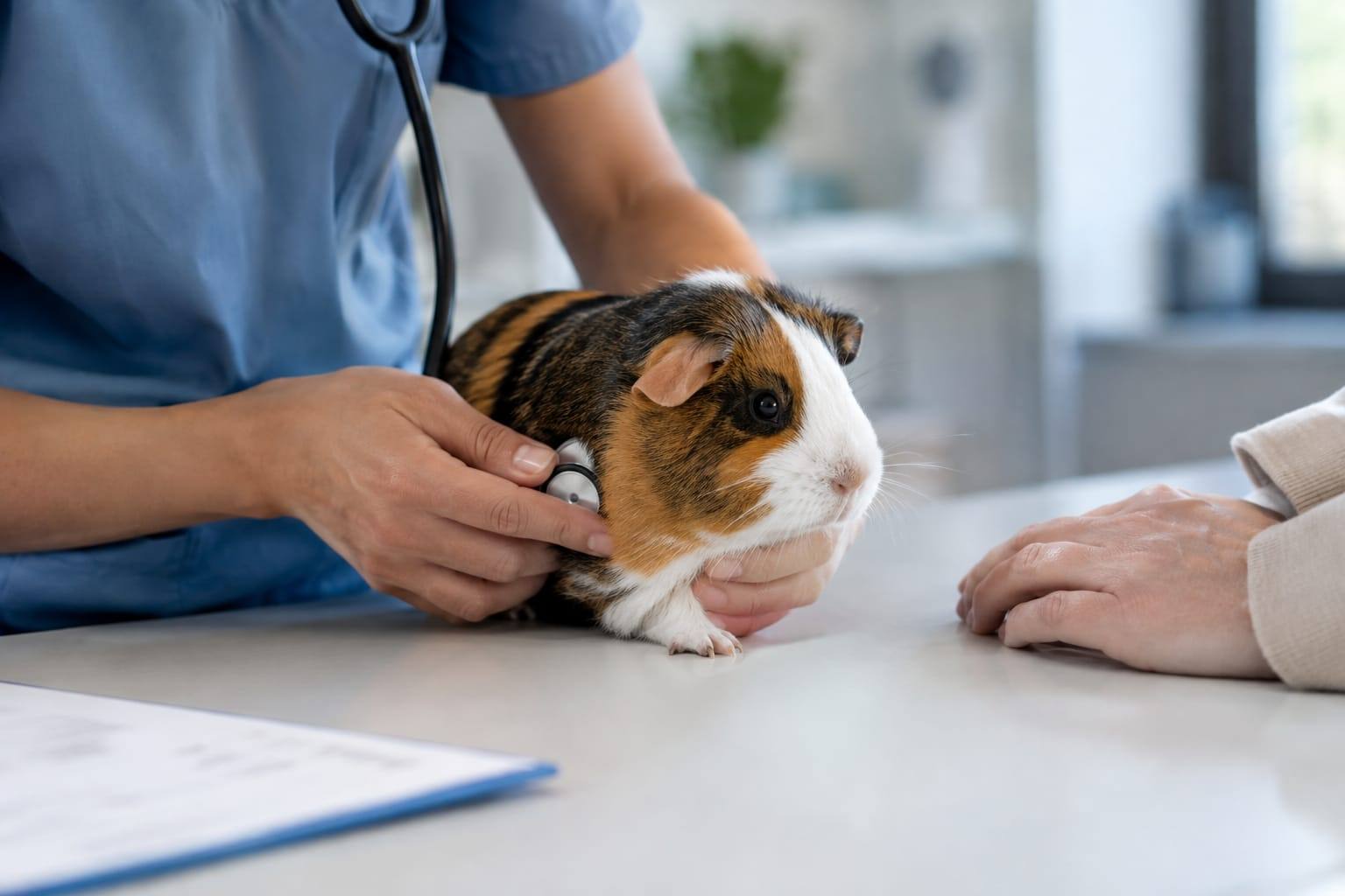 Un vétérinaire examine doucement un cochon d’Inde sur une table propre, près d’une main et d’un document d’assurance flou.