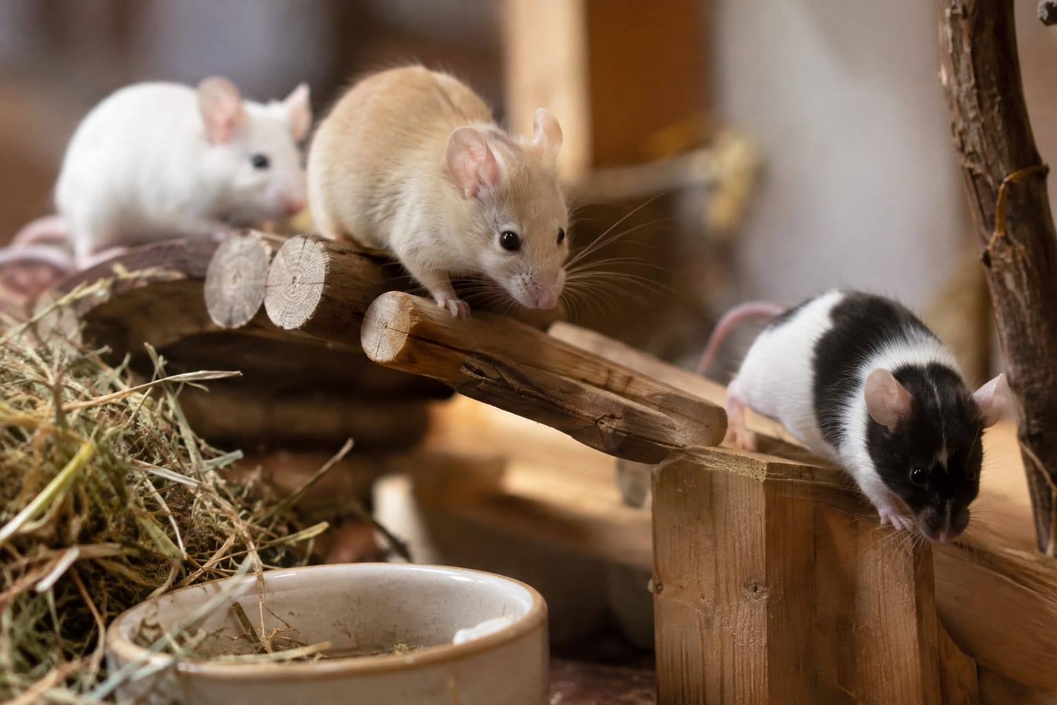 Trois souris de compagnie aux pelages variés explorent une structure d’escalade en bois, près de foin et d’un petit bol en céramique.