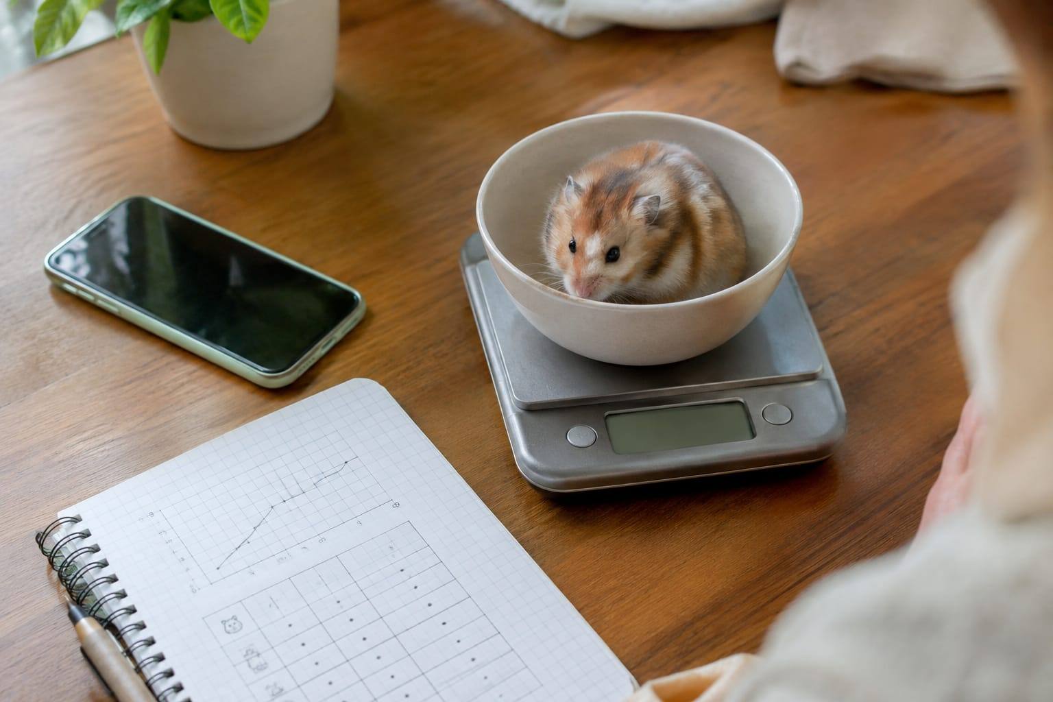Un hamster syrien calme dans un bol sur une balance, avec un smartphone et un carnet portant un graphique de poids, sur une table en bois.