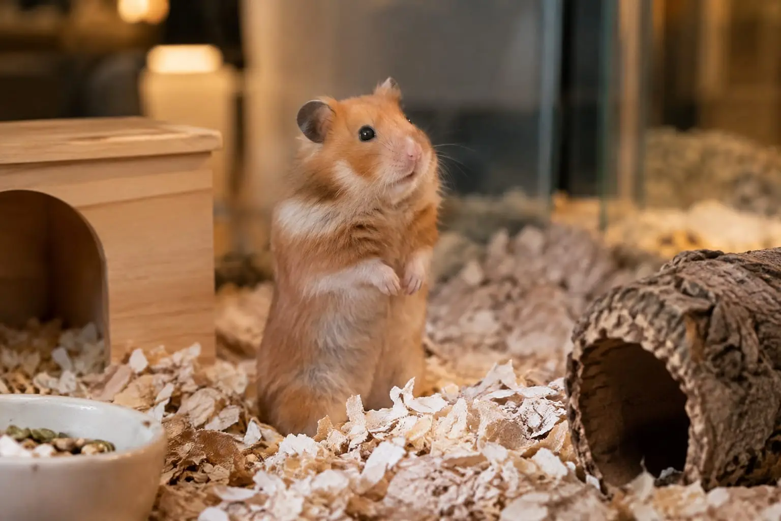 Un hamster syrien doré se dresse dans la litière de papier d’un grand terrarium vitré, entre une maison en bois et un tunnel en liège.