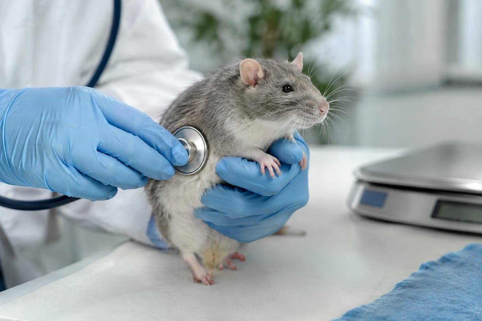 Des mains gantées de vétérinaire tiennent un rat domestique calme, près d’un stéthoscope et d’une petite balance en clinique.