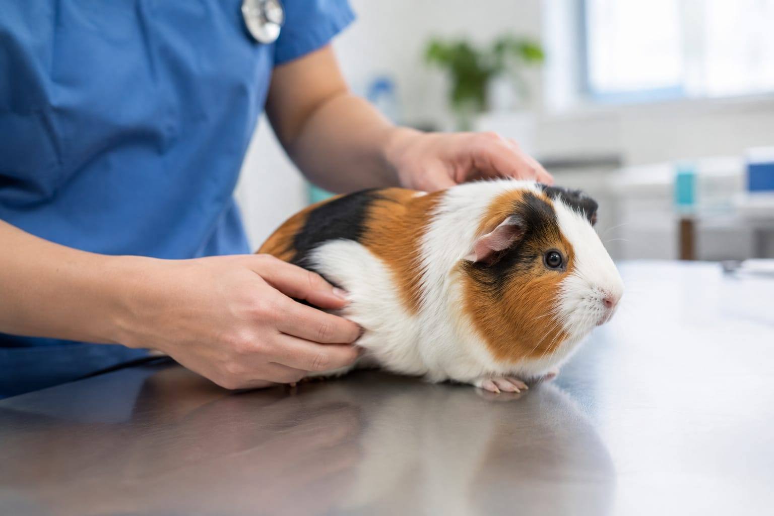 Cochon d’Inde tricolore posé calmement sur une table d’examen, tandis qu’une vétérinaire examine son abdomen.