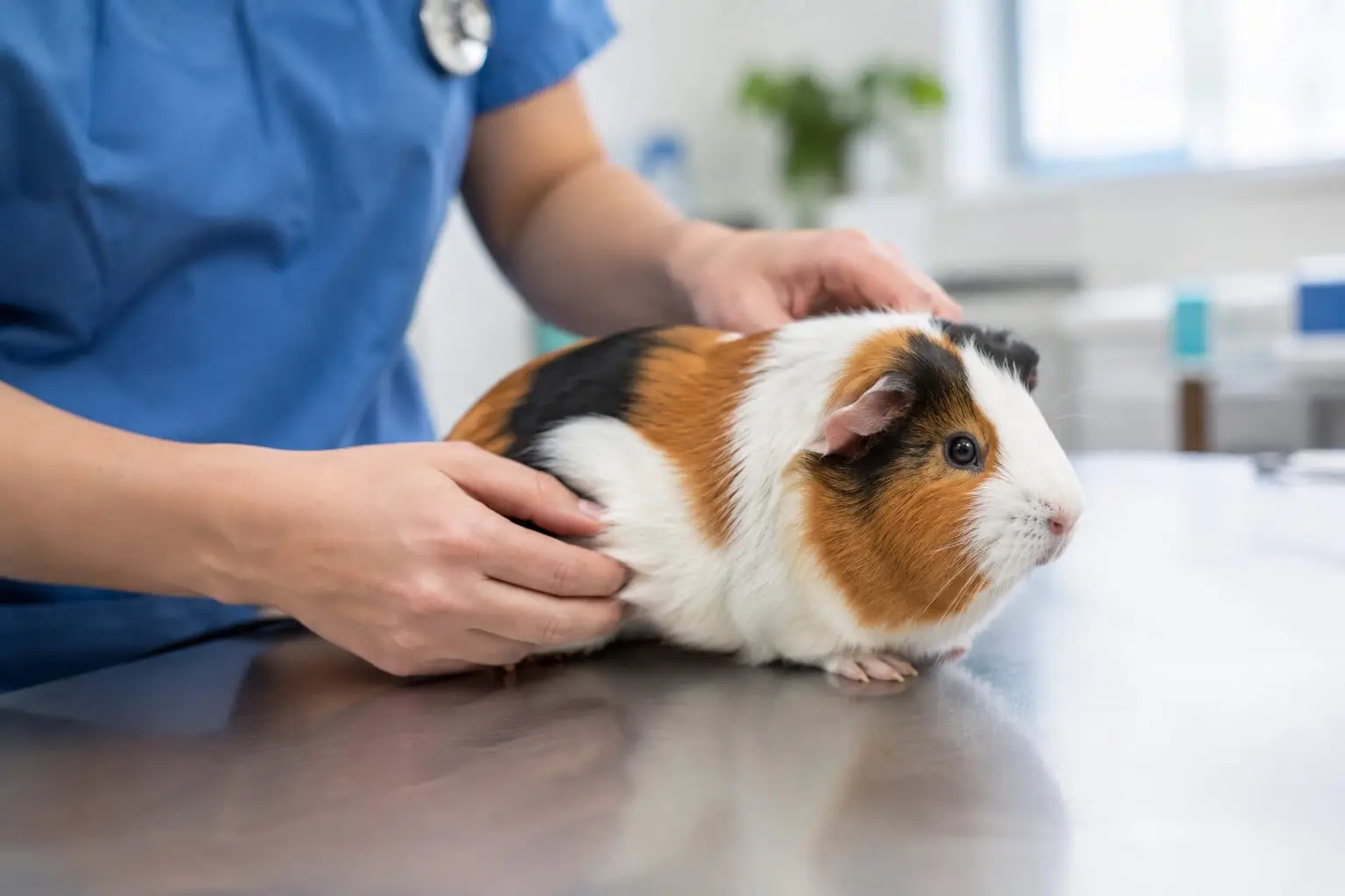 Cochon d’Inde tricolore posé calmement sur une table d’examen, tandis qu’une vétérinaire examine son abdomen.