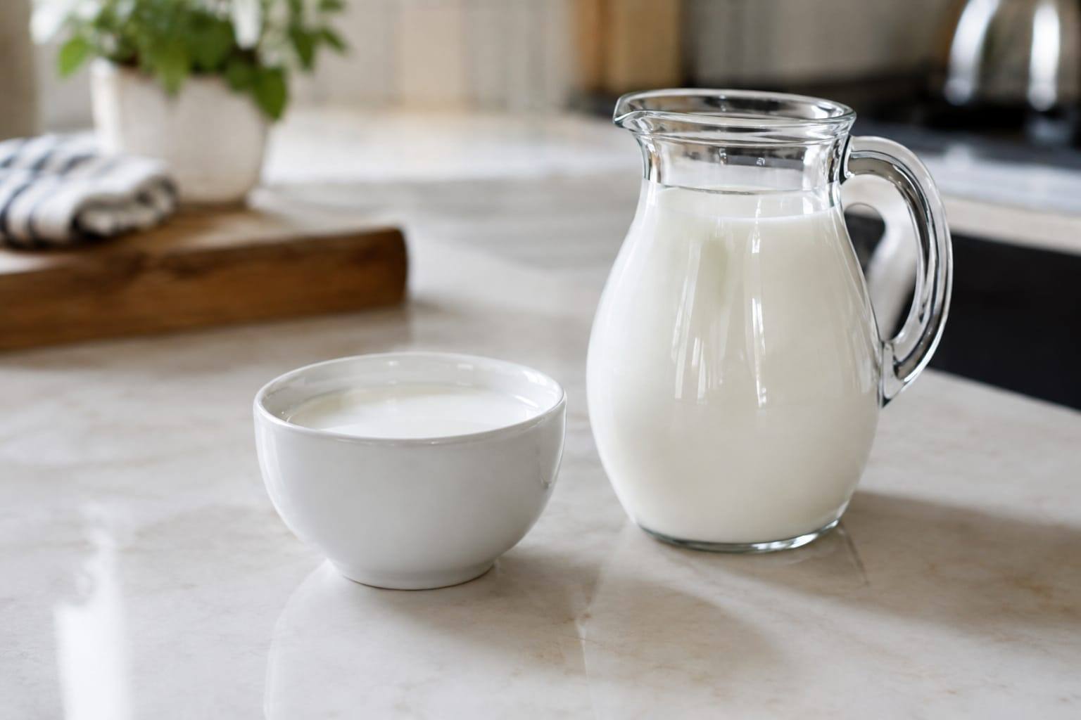 Petit bol de lait blanc posé sur un plan de cuisine clair, avec une carafe en verre en arrière-plan.