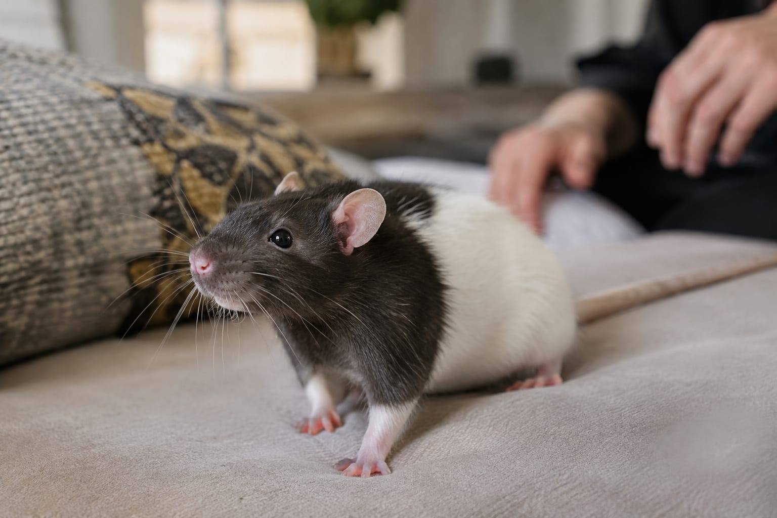 Rat domestique noir et blanc au pelage brillant, nez rose et longue queue nue, qui observe calmement son environnement.