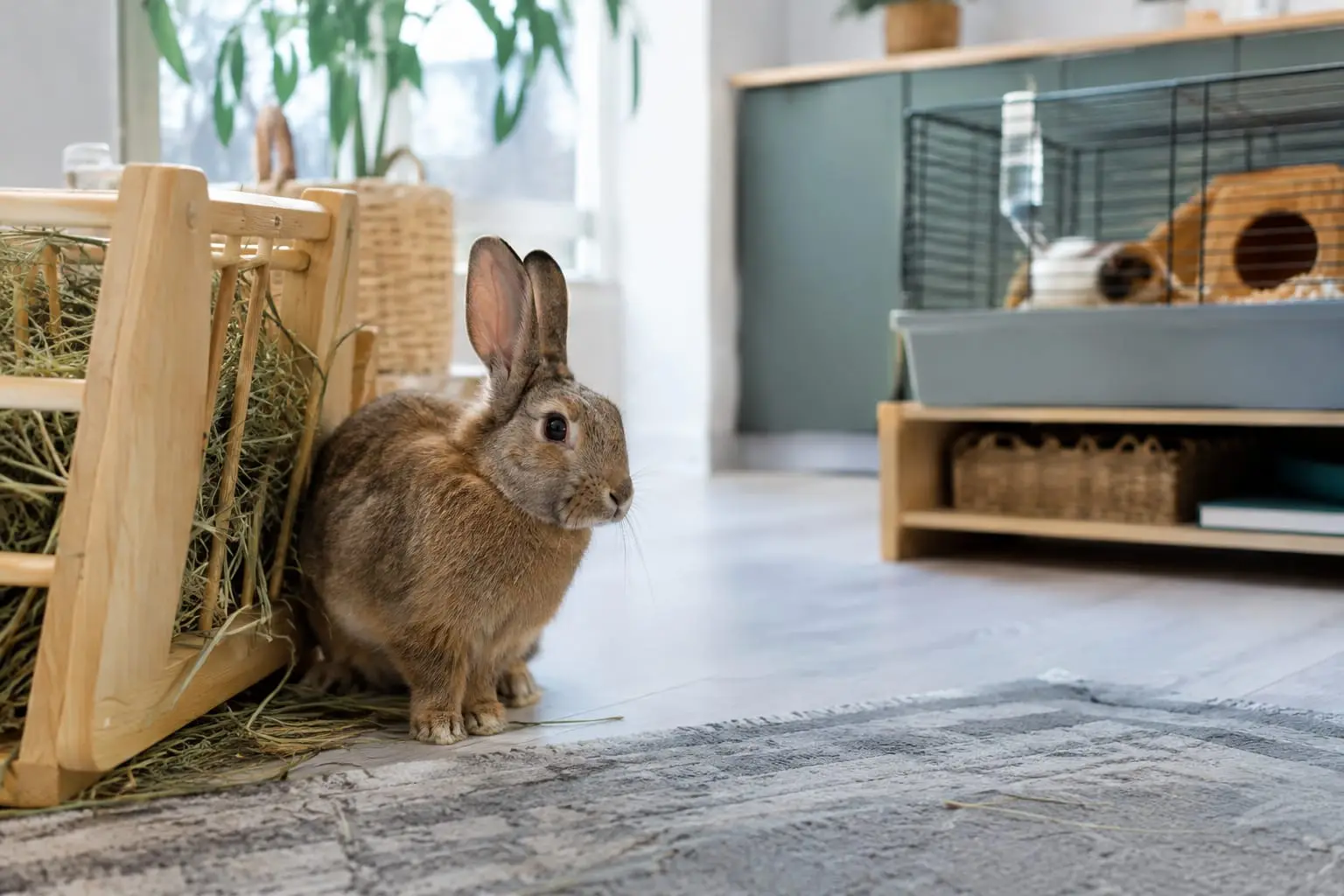 Un lapin domestique près de son foin dans un enclos lumineux, avec un habitat de rongeur visible à distance.