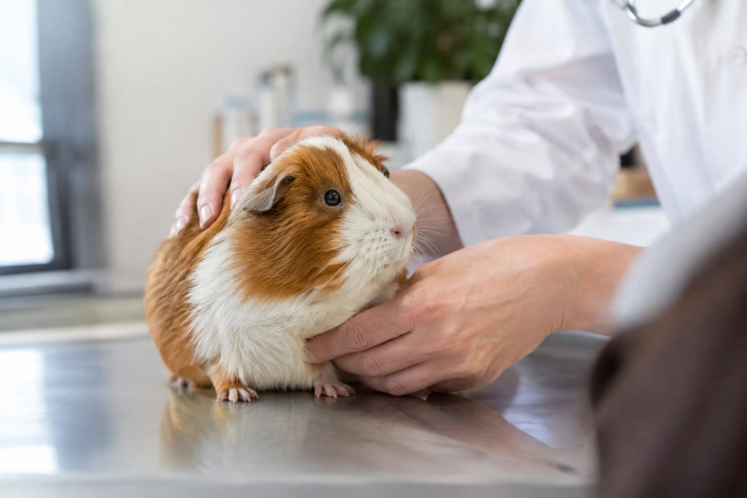 Un cochon d’Inde examiné calmement par un vétérinaire NAC dans une salle de consultation lumineuse.