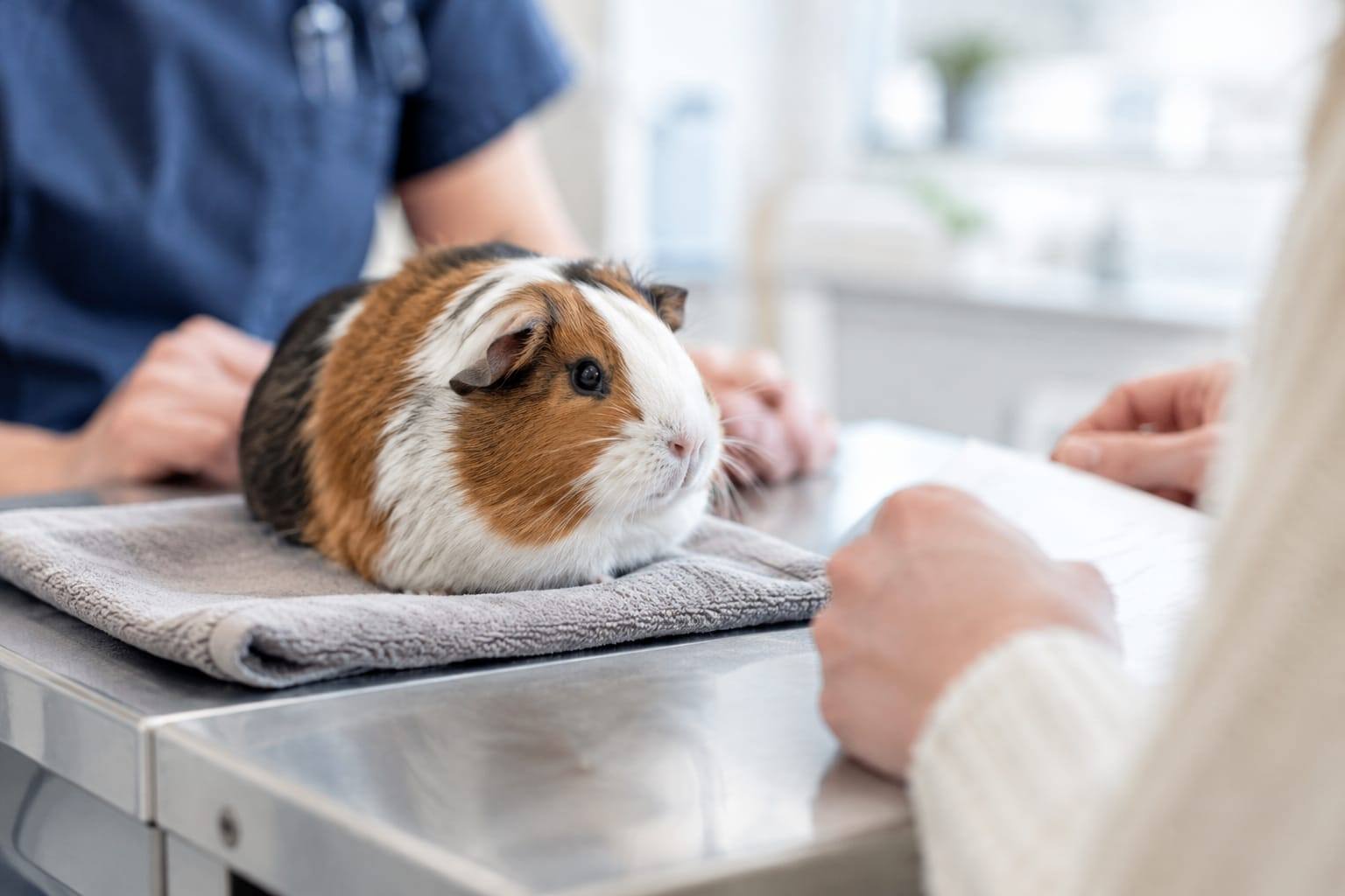 Un vétérinaire NAC échange avec une propriétaire près d’un cochon d’Inde dans une clinique lumineuse et accueillante.