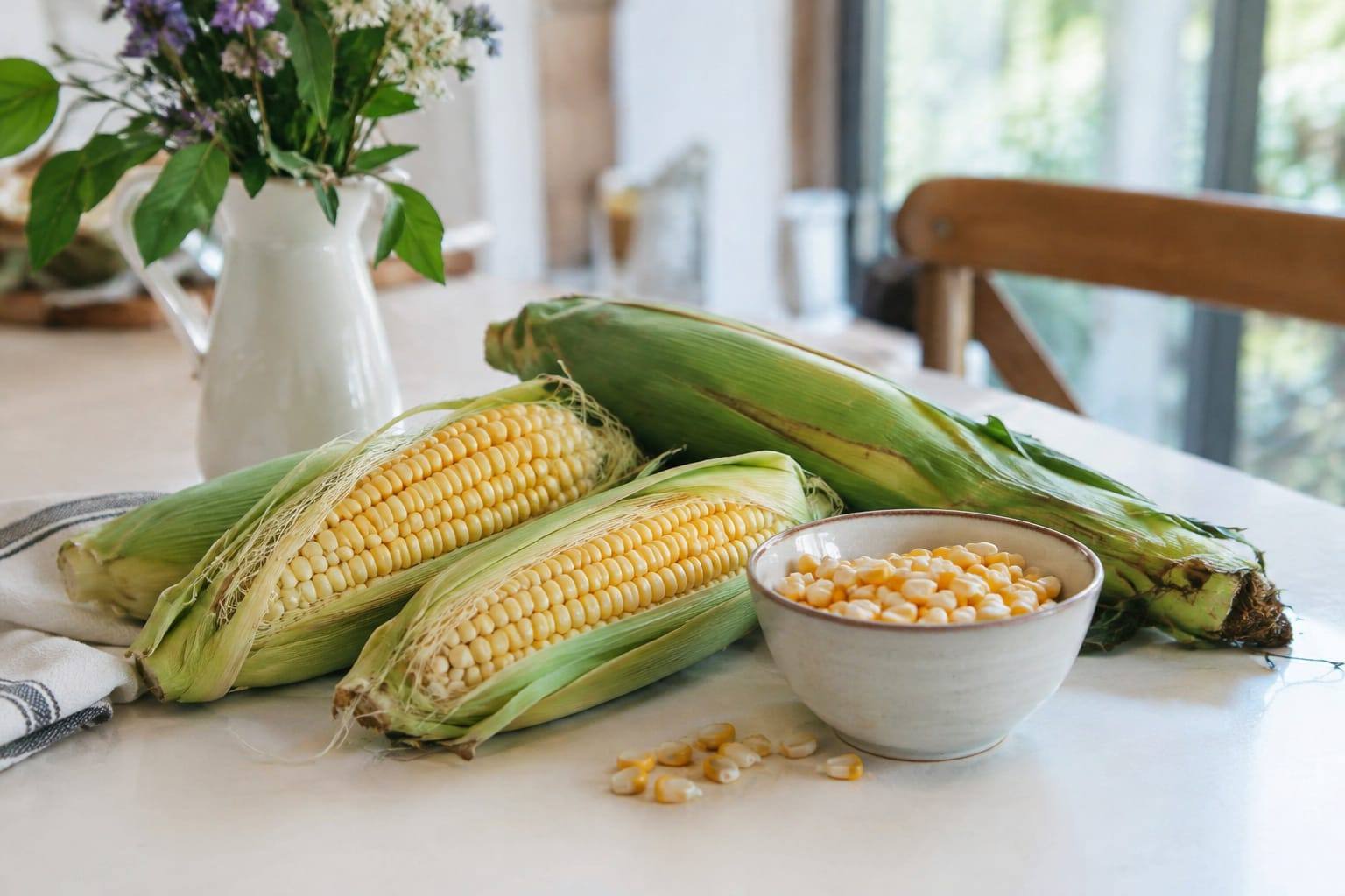 Épis de maïs frais égrenés avec quelques grains secs dans une coupelle en céramique, sur une table claire.