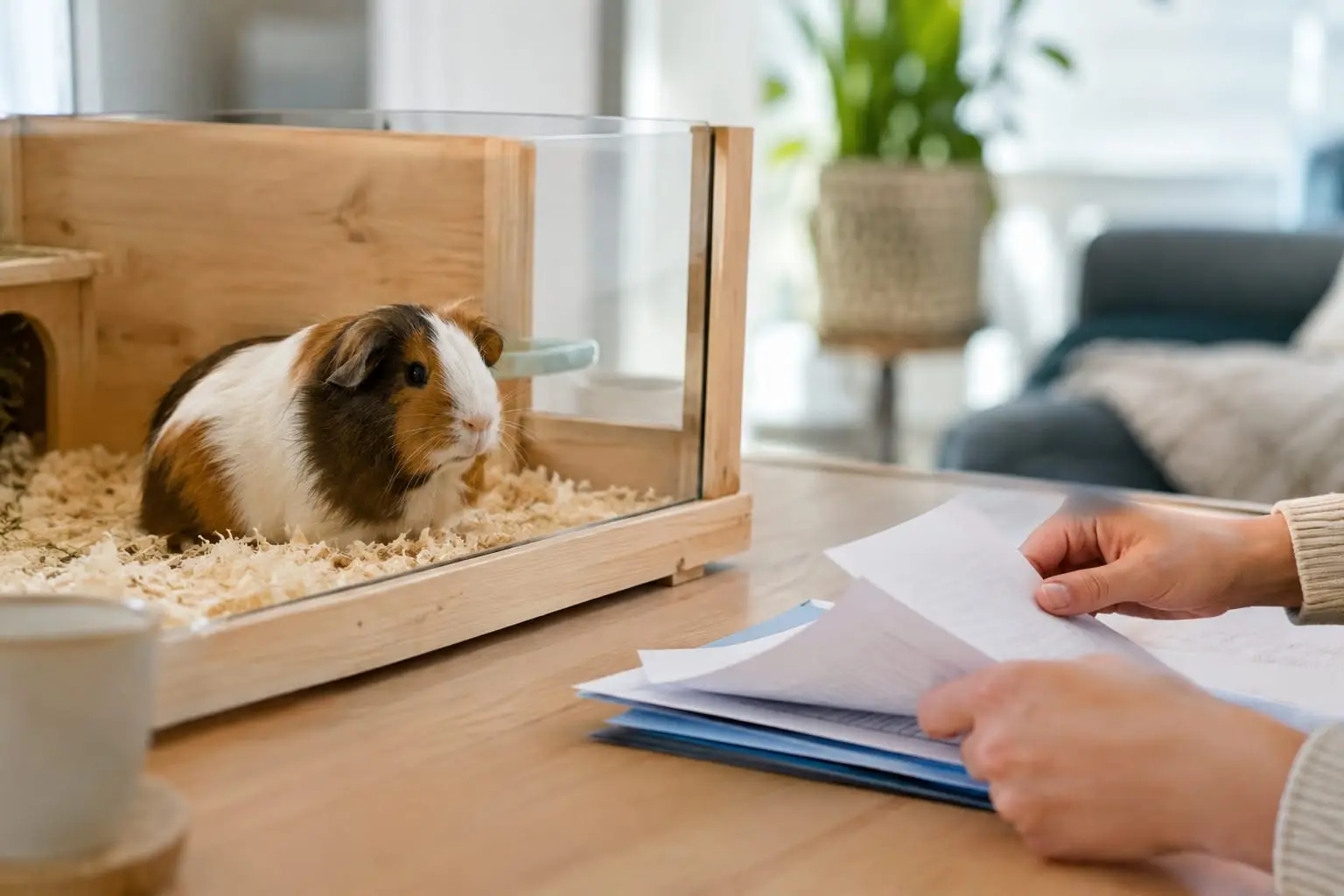 Un cochon d’Inde calme dans son enclos, près de documents d’assurance posés sur une table lumineuse.
