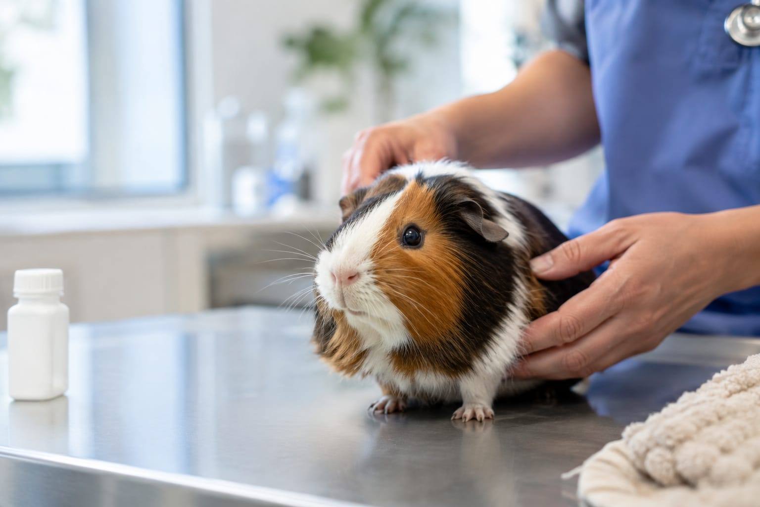 Un cochon d’Inde examiné par un vétérinaire NAC, avec un flacon de médicament posé hors de sa portée.