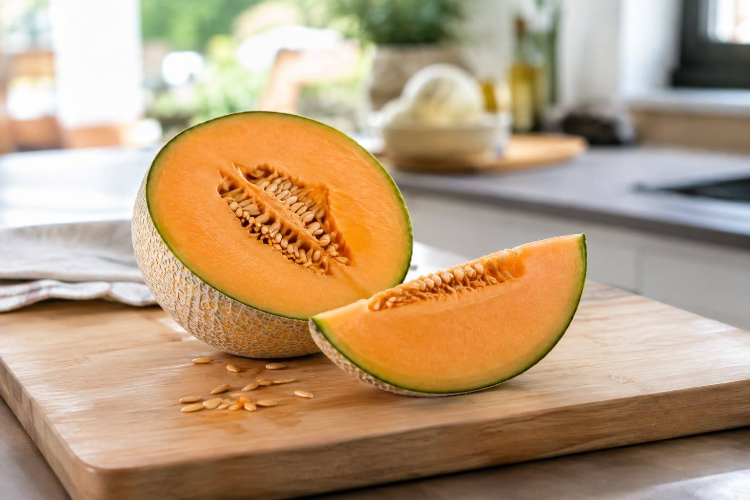 Quartiers de melon frais, chair orange et graines visibles, posés sur une planche claire dans une cuisine lumineuse.