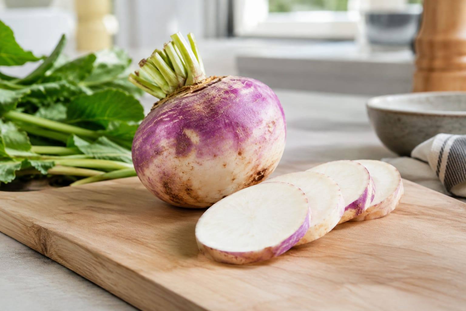 Navet frais entier et rondelles crues posés sur une planche claire dans une cuisine lumineuse.