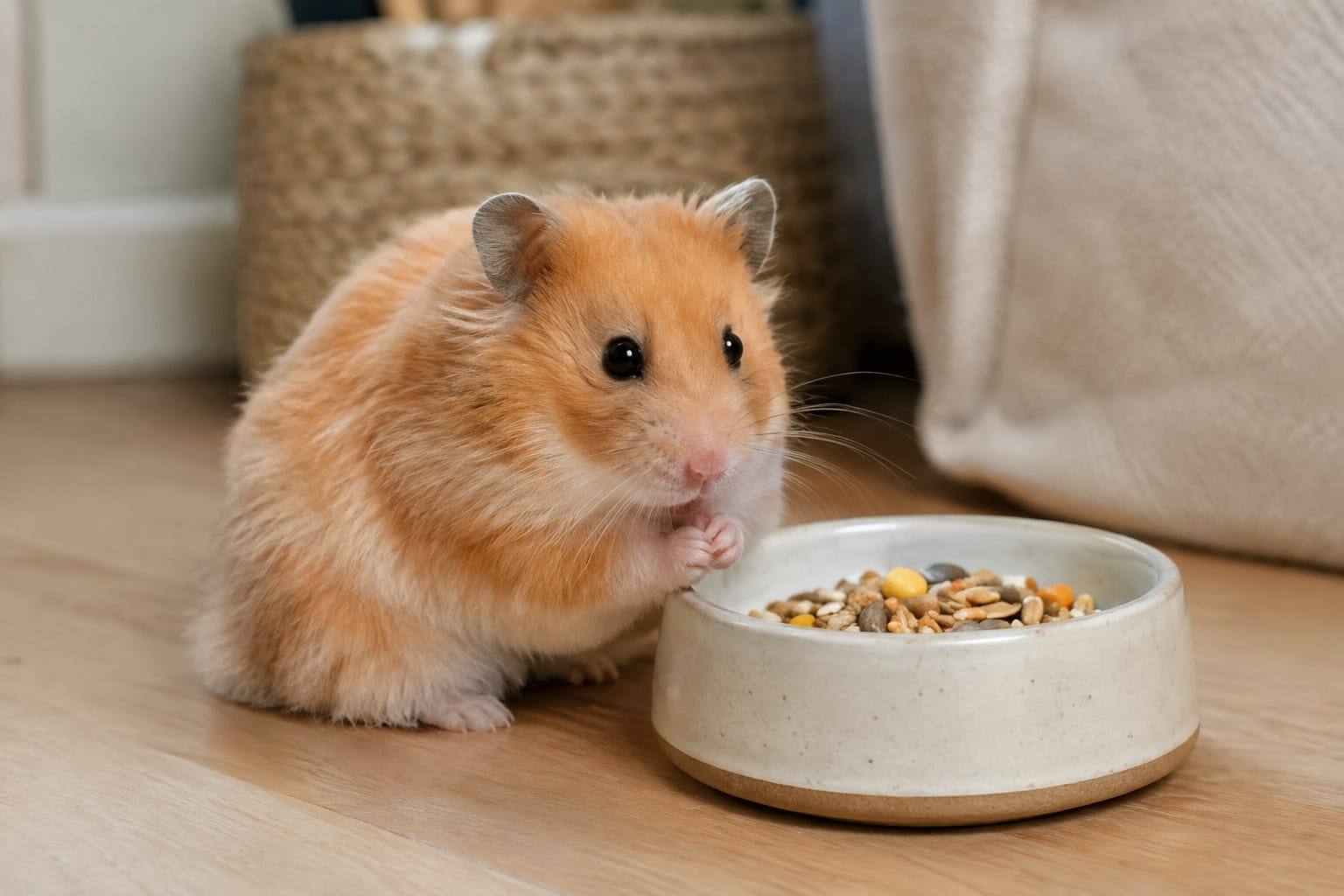 Un hamster syrien doré au pelage orange et crème est assis près de sa gamelle dans un habitat propre.