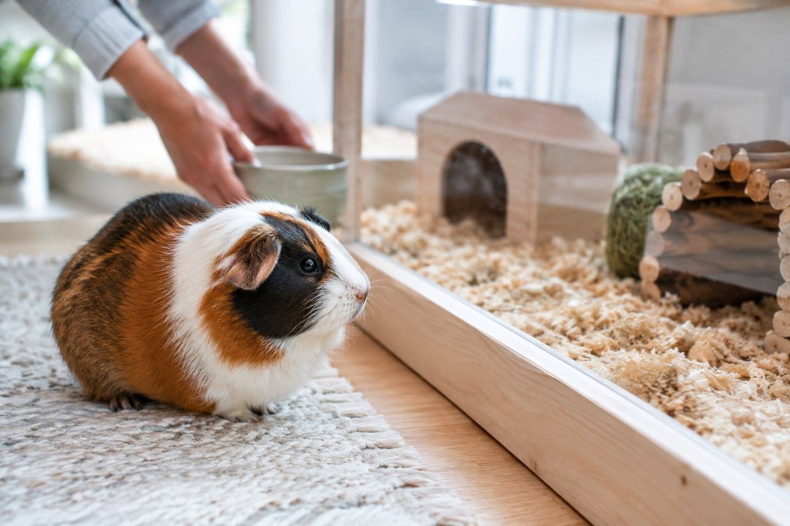 Un cochon d’Inde observe une cage propre avec une litière sèche et ses accessoires remis en place.