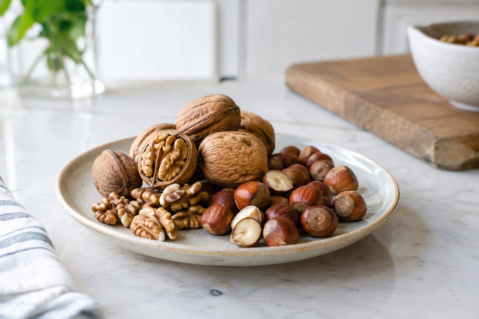 Quelques noix et noisettes entières et décortiquées, présentées sans sel sur une petite assiette en céramique claire.