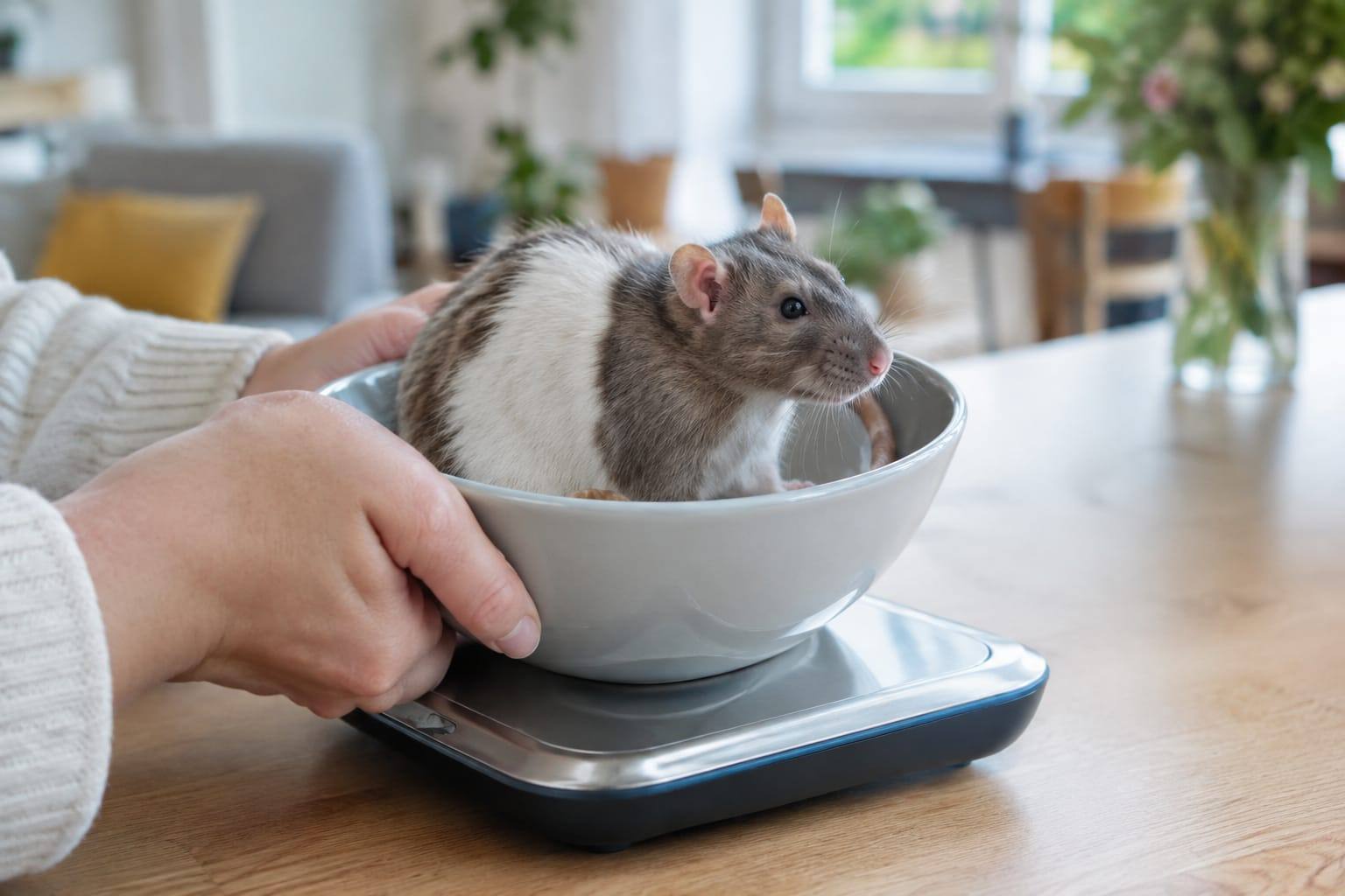 Un rat domestique est pesé dans une petite boîte posée sur une balance, dans un intérieur calme et lumineux.