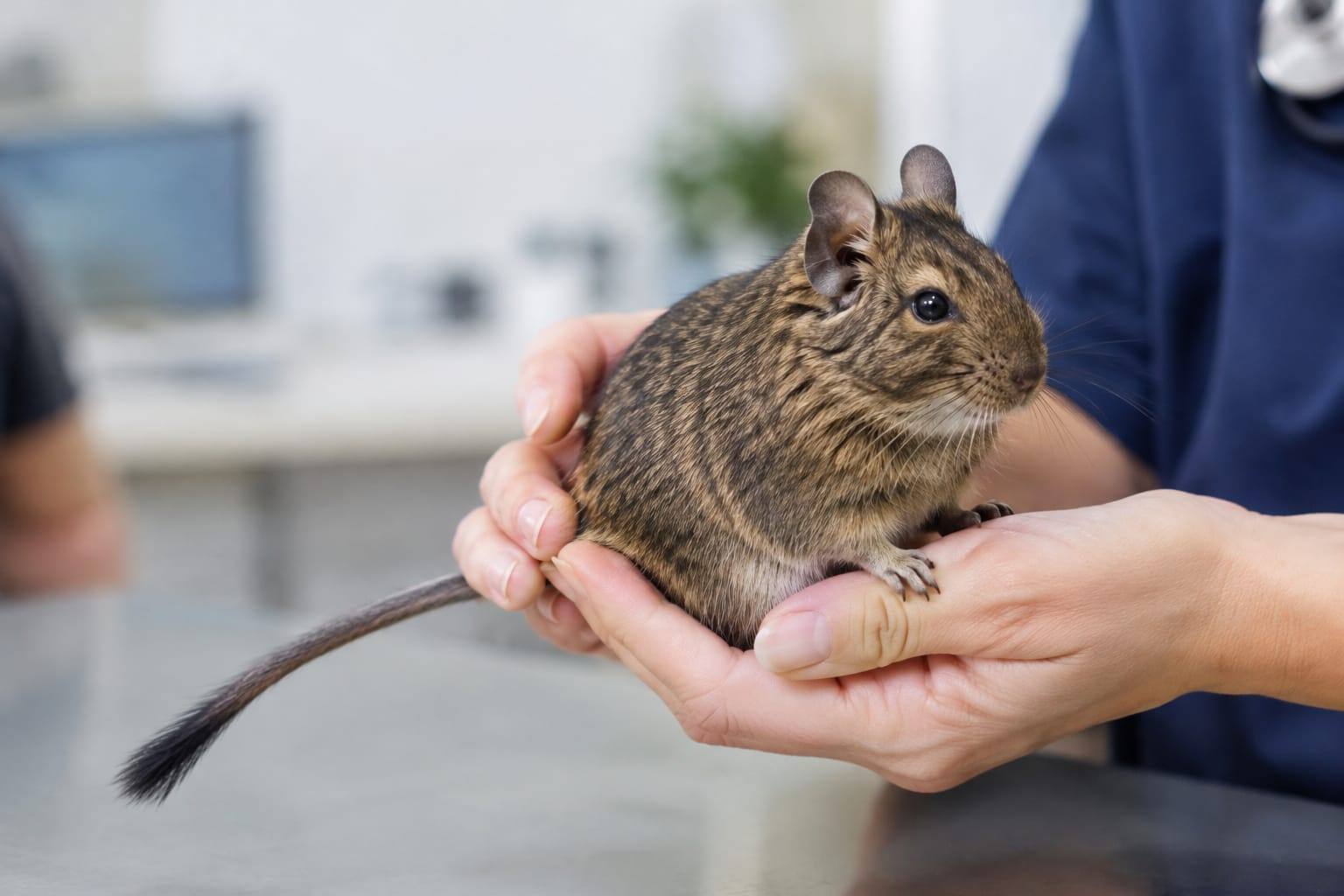 Un octodon au pelage agouti gris-brun et au ventre crème est doucement tenu dans des mains lors d’une consultation vétérinaire.
