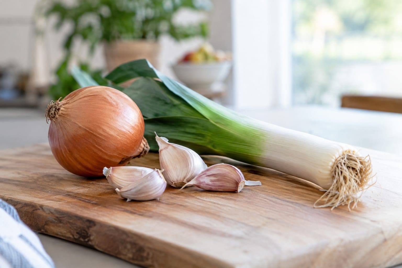 Oignon entier, gousses d’ail et poireau frais disposés sur une planche de cuisine, sans animal.