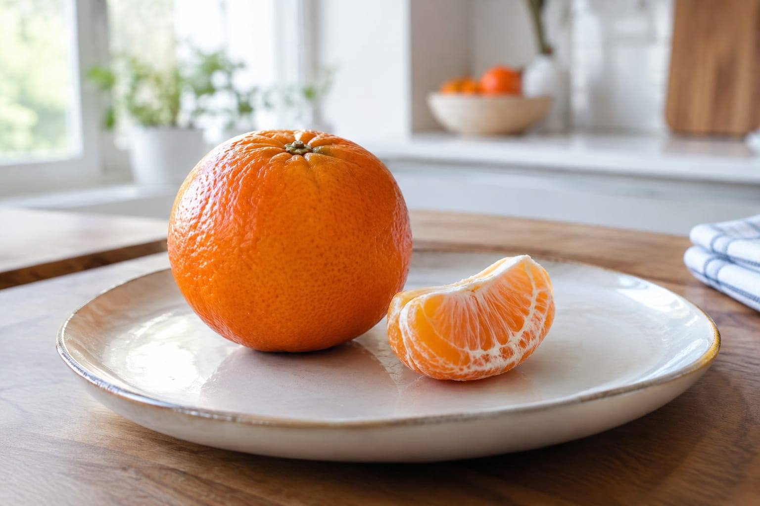 Quartiers d’orange et clémentine fraîchement épluchés, posés sur une assiette claire dans une cuisine lumineuse.
