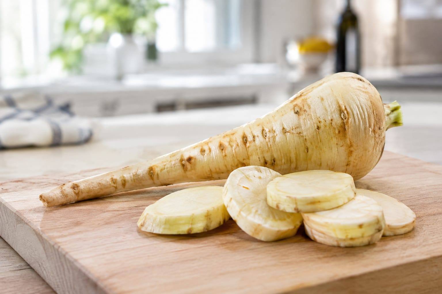 Racine de panais lavée et coupée en fines rondelles sur une planche en bois clair, sans animal ni emballage.