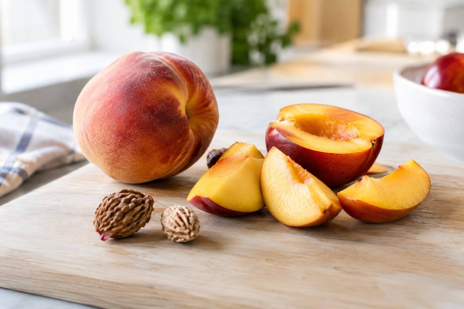 Pêche jaune et nectarine coupées en quartiers, avec leurs noyaux retirés, posées sur une planche claire dans une cuisine.