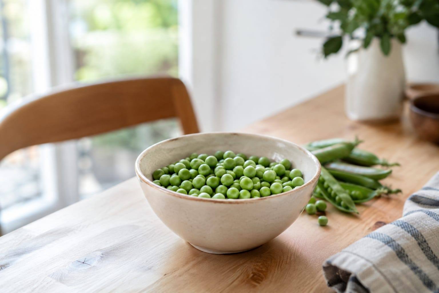 Petits pois frais écossés dans une petite coupelle en céramique posée sur une table claire, sans animal visible.