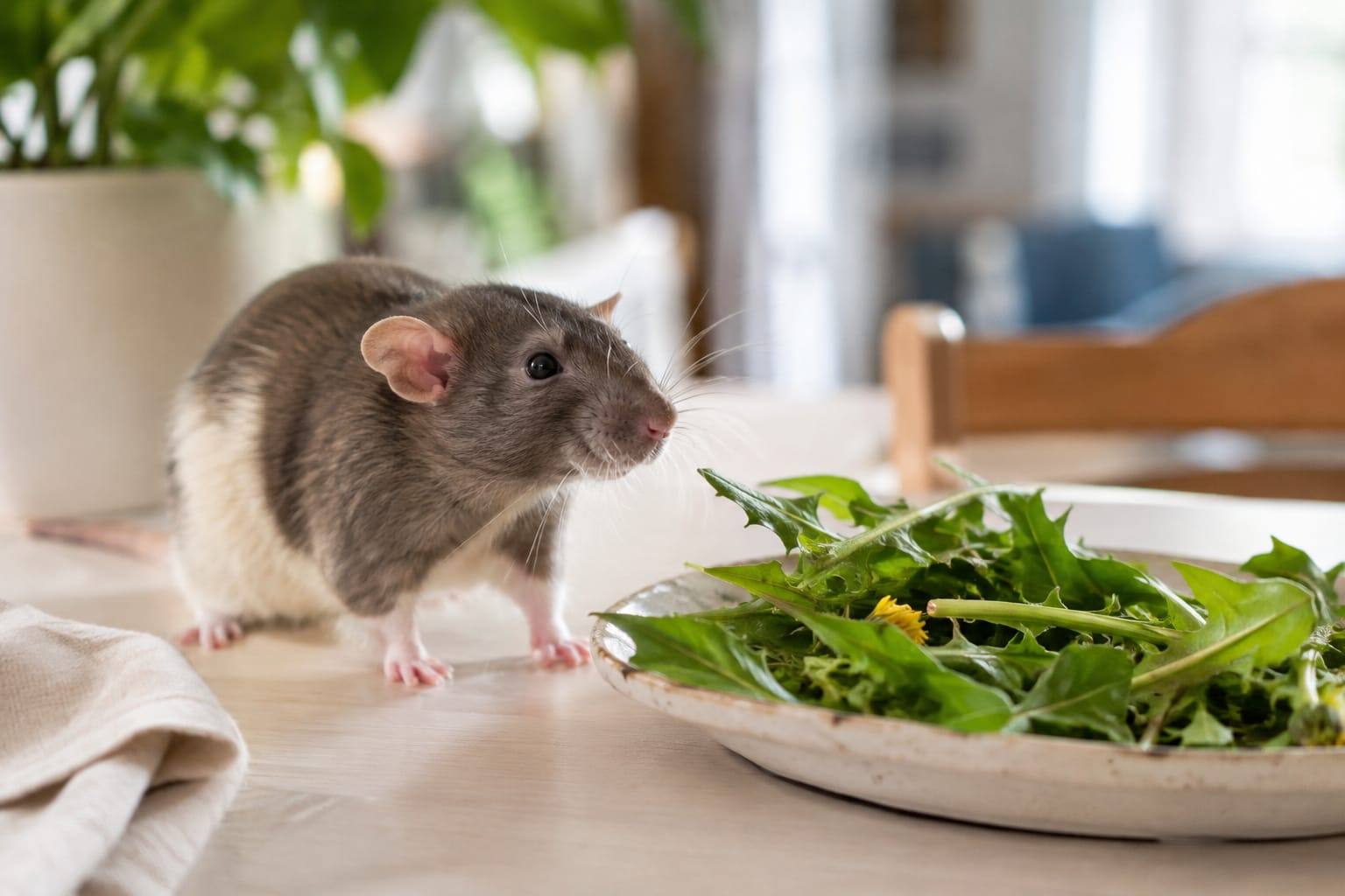 Feuilles de pissenlit propres dans une petite coupelle, près d’un rat domestique calme sur une table claire.